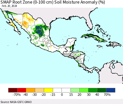 Mexico Central America and the Caribbean SMAP Root Zone (0-100 cm) Soil Moisture Anomaly (%) Thematic Map For 2/16/2024 - 2/20/2024