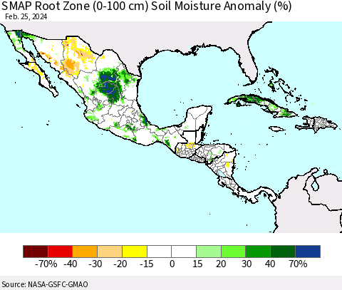 Mexico Central America and the Caribbean SMAP Root Zone (0-100 cm) Soil Moisture Anomaly (%) Thematic Map For 2/21/2024 - 2/25/2024