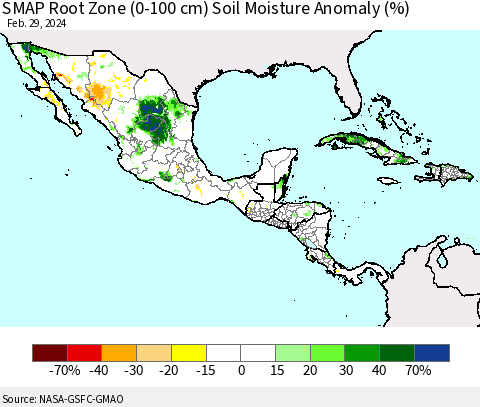 Mexico Central America and the Caribbean SMAP Root Zone (0-100 cm) Soil Moisture Anomaly (%) Thematic Map For 2/26/2024 - 2/29/2024