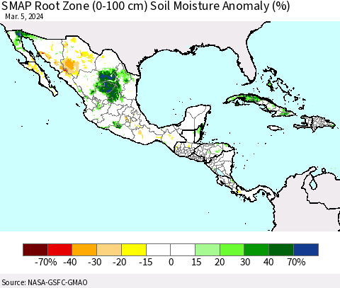 Mexico Central America and the Caribbean SMAP Root Zone (0-100 cm) Soil Moisture Anomaly (%) Thematic Map For 3/1/2024 - 3/5/2024