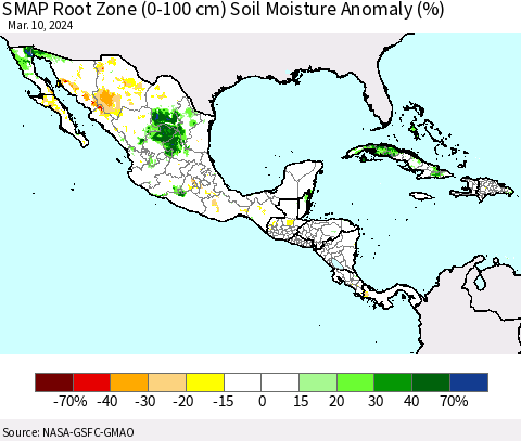 Mexico Central America and the Caribbean SMAP Root Zone (0-100 cm) Soil Moisture Anomaly (%) Thematic Map For 3/6/2024 - 3/10/2024