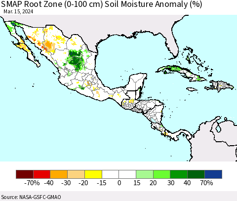 Mexico Central America and the Caribbean SMAP Root Zone (0-100 cm) Soil Moisture Anomaly (%) Thematic Map For 3/11/2024 - 3/15/2024