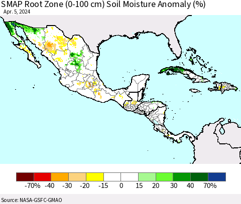Mexico Central America and the Caribbean SMAP Root Zone (0-100 cm) Soil Moisture Anomaly (%) Thematic Map For 4/1/2024 - 4/5/2024