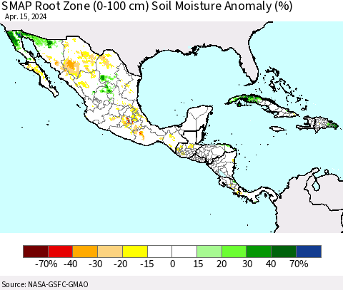 Mexico Central America and the Caribbean SMAP Root Zone (0-100 cm) Soil Moisture Anomaly (%) Thematic Map For 4/11/2024 - 4/15/2024