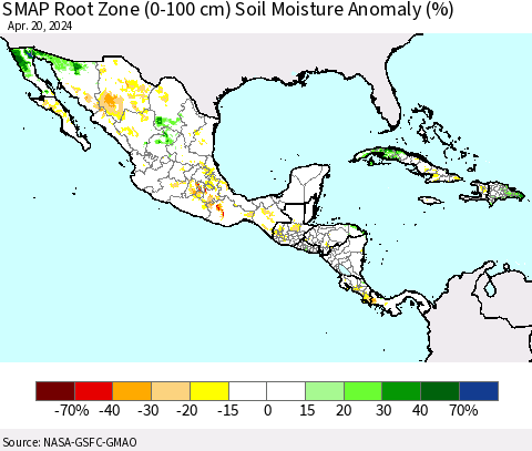 Mexico Central America and the Caribbean SMAP Root Zone (0-100 cm) Soil Moisture Anomaly (%) Thematic Map For 4/16/2024 - 4/20/2024