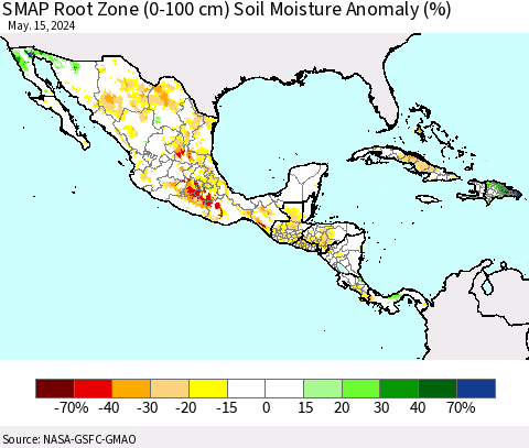Mexico Central America and the Caribbean SMAP Root Zone (0-100 cm) Soil Moisture Anomaly (%) Thematic Map For 5/11/2024 - 5/15/2024