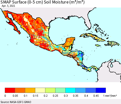 Mexico Central America and the Caribbean SMAP Surface (0-5 cm) Soil Moisture (m³/m³) Thematic Map For 4/1/2021 - 4/5/2021