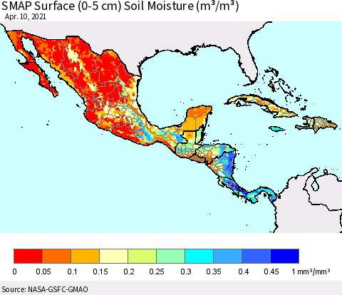 Mexico Central America and the Caribbean SMAP Surface (0-5 cm) Soil Moisture (m³/m³) Thematic Map For 4/6/2021 - 4/10/2021