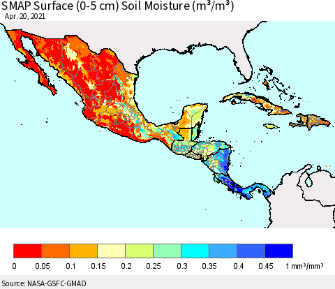 Mexico Central America and the Caribbean SMAP Surface (0-5 cm) Soil Moisture (m³/m³) Thematic Map For 4/16/2021 - 4/20/2021