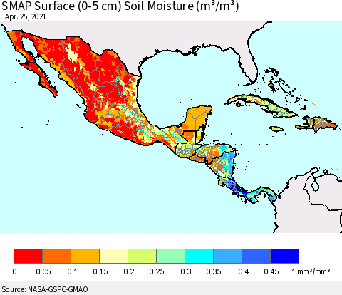 Mexico Central America and the Caribbean SMAP Surface (0-5 cm) Soil Moisture (m³/m³) Thematic Map For 4/21/2021 - 4/25/2021