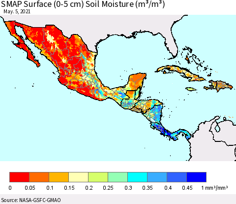 Mexico Central America and the Caribbean SMAP Surface (0-5 cm) Soil Moisture (m³/m³) Thematic Map For 5/1/2021 - 5/5/2021