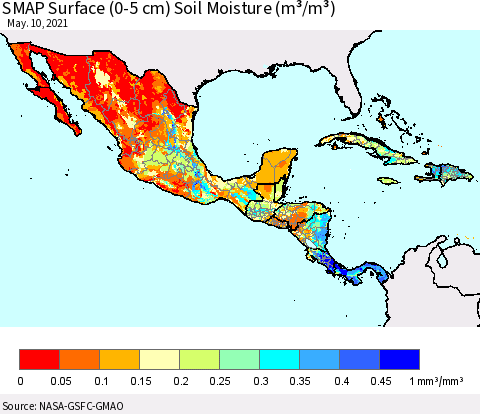 Mexico Central America and the Caribbean SMAP Surface (0-5 cm) Soil Moisture (m³/m³) Thematic Map For 5/6/2021 - 5/10/2021