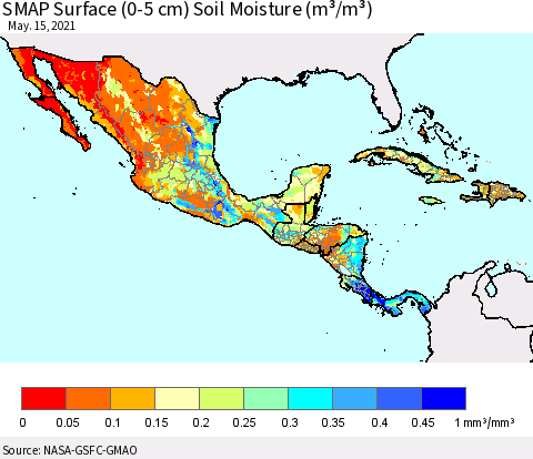 Mexico Central America and the Caribbean SMAP Surface (0-5 cm) Soil Moisture (m³/m³) Thematic Map For 5/11/2021 - 5/15/2021