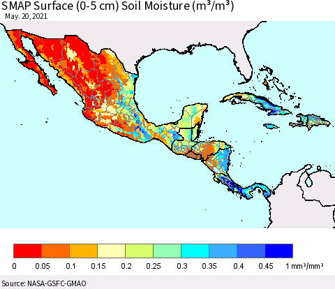 Mexico Central America and the Caribbean SMAP Surface (0-5 cm) Soil Moisture (m³/m³) Thematic Map For 5/16/2021 - 5/20/2021
