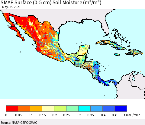 Mexico Central America and the Caribbean SMAP Surface (0-5 cm) Soil Moisture (m³/m³) Thematic Map For 5/21/2021 - 5/25/2021