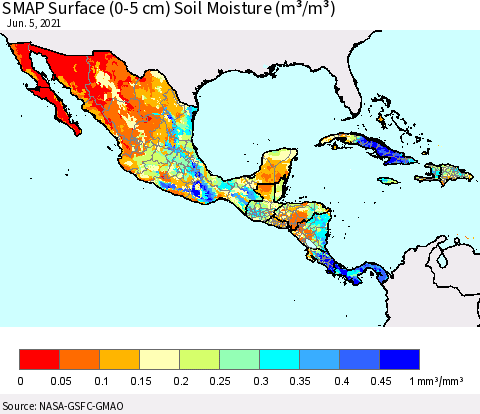 Mexico Central America and the Caribbean SMAP Surface (0-5 cm) Soil Moisture (m³/m³) Thematic Map For 6/1/2021 - 6/5/2021