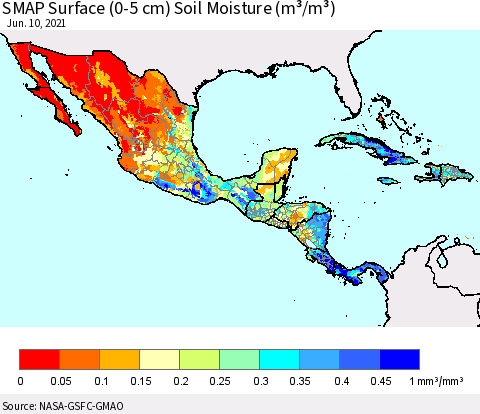 Mexico Central America and the Caribbean SMAP Surface (0-5 cm) Soil Moisture (m³/m³) Thematic Map For 6/6/2021 - 6/10/2021