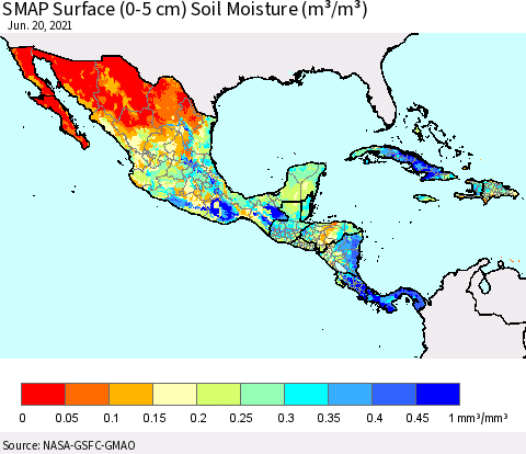 Mexico Central America and the Caribbean SMAP Surface (0-5 cm) Soil Moisture (m³/m³) Thematic Map For 6/16/2021 - 6/20/2021
