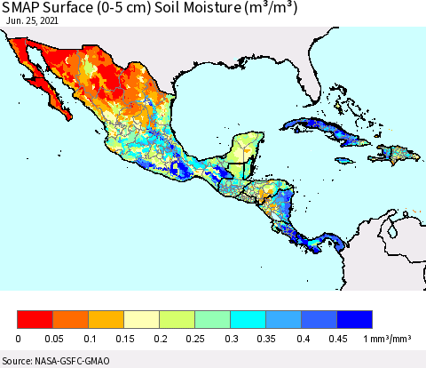 Mexico Central America and the Caribbean SMAP Surface (0-5 cm) Soil Moisture (m³/m³) Thematic Map For 6/21/2021 - 6/25/2021