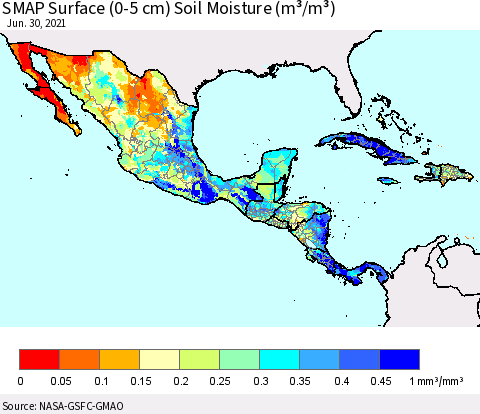 Mexico Central America and the Caribbean SMAP Surface (0-5 cm) Soil Moisture (m³/m³) Thematic Map For 6/26/2021 - 6/30/2021