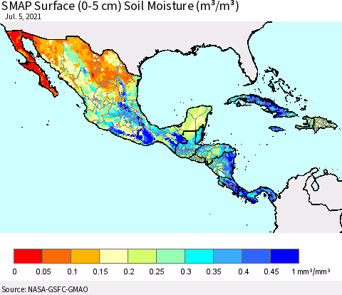 Mexico Central America and the Caribbean SMAP Surface (0-5 cm) Soil Moisture (m³/m³) Thematic Map For 7/1/2021 - 7/5/2021
