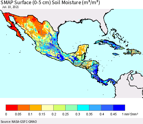 Mexico Central America and the Caribbean SMAP Surface (0-5 cm) Soil Moisture (m³/m³) Thematic Map For 7/6/2021 - 7/10/2021