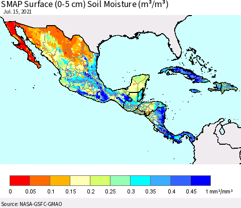 Mexico Central America and the Caribbean SMAP Surface (0-5 cm) Soil Moisture (m³/m³) Thematic Map For 7/11/2021 - 7/15/2021