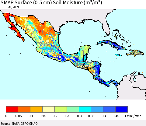 Mexico Central America and the Caribbean SMAP Surface (0-5 cm) Soil Moisture (m³/m³) Thematic Map For 7/16/2021 - 7/20/2021