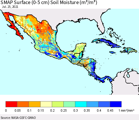 Mexico Central America and the Caribbean SMAP Surface (0-5 cm) Soil Moisture (m³/m³) Thematic Map For 7/21/2021 - 7/25/2021
