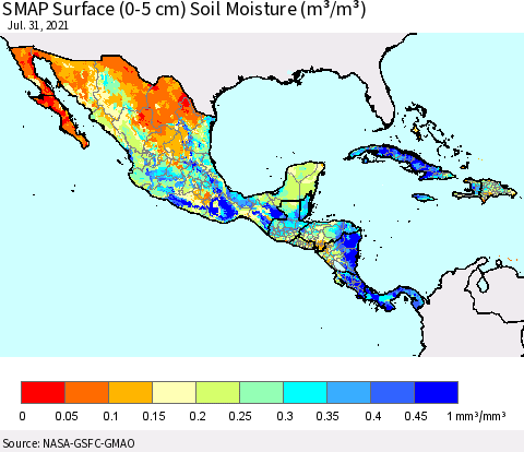 Mexico Central America and the Caribbean SMAP Surface (0-5 cm) Soil Moisture (m³/m³) Thematic Map For 7/26/2021 - 7/31/2021