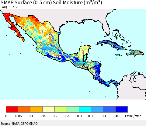 Mexico Central America and the Caribbean SMAP Surface (0-5 cm) Soil Moisture (m³/m³) Thematic Map For 8/1/2021 - 8/5/2021