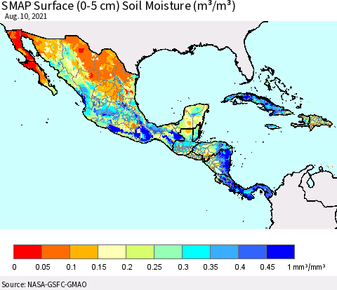 Mexico Central America and the Caribbean SMAP Surface (0-5 cm) Soil Moisture (m³/m³) Thematic Map For 8/6/2021 - 8/10/2021