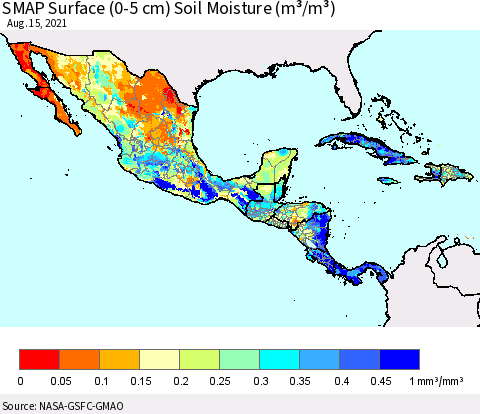 Mexico Central America and the Caribbean SMAP Surface (0-5 cm) Soil Moisture (m³/m³) Thematic Map For 8/11/2021 - 8/15/2021
