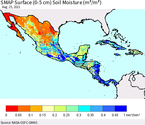 Mexico Central America and the Caribbean SMAP Surface (0-5 cm) Soil Moisture (m³/m³) Thematic Map For 8/21/2021 - 8/25/2021