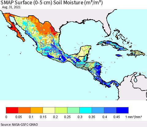 Mexico Central America and the Caribbean SMAP Surface (0-5 cm) Soil Moisture (m³/m³) Thematic Map For 8/26/2021 - 8/31/2021