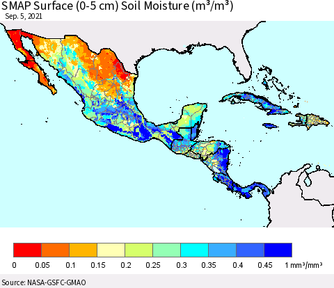 Mexico Central America and the Caribbean SMAP Surface (0-5 cm) Soil Moisture (m³/m³) Thematic Map For 9/1/2021 - 9/5/2021