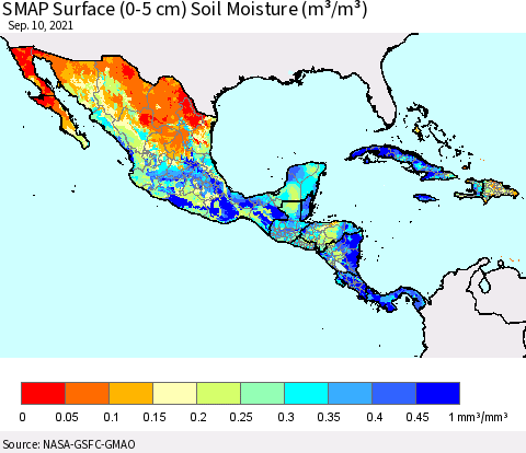 Mexico Central America and the Caribbean SMAP Surface (0-5 cm) Soil Moisture (m³/m³) Thematic Map For 9/6/2021 - 9/10/2021