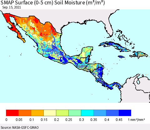 Mexico Central America and the Caribbean SMAP Surface (0-5 cm) Soil Moisture (m³/m³) Thematic Map For 9/11/2021 - 9/15/2021