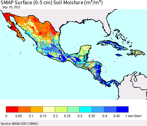 Mexico Central America and the Caribbean SMAP Surface (0-5 cm) Soil Moisture (m³/m³) Thematic Map For 9/16/2021 - 9/20/2021