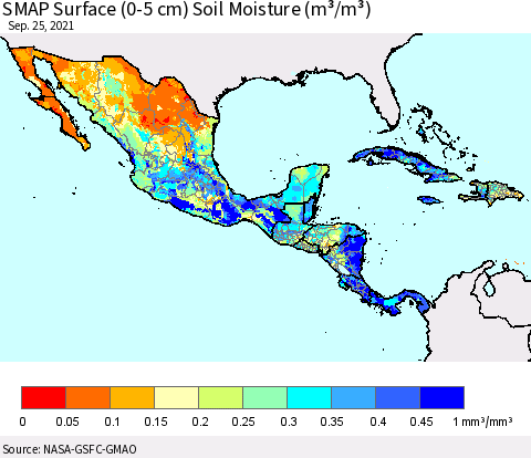 Mexico Central America and the Caribbean SMAP Surface (0-5 cm) Soil Moisture (m³/m³) Thematic Map For 9/21/2021 - 9/25/2021