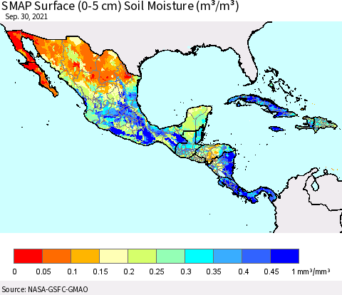 Mexico Central America and the Caribbean SMAP Surface (0-5 cm) Soil Moisture (m³/m³) Thematic Map For 9/26/2021 - 9/30/2021
