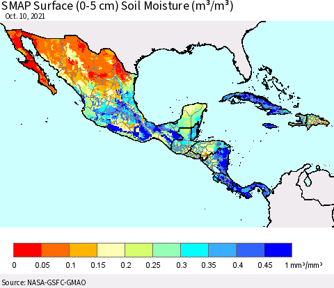 Mexico Central America and the Caribbean SMAP Surface (0-5 cm) Soil Moisture (m³/m³) Thematic Map For 10/6/2021 - 10/10/2021