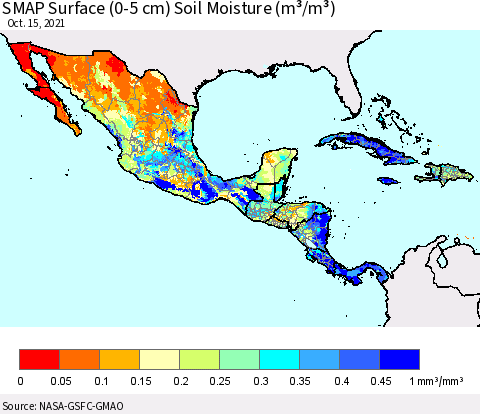 Mexico Central America and the Caribbean SMAP Surface (0-5 cm) Soil Moisture (m³/m³) Thematic Map For 10/11/2021 - 10/15/2021