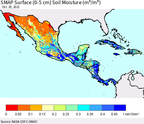 Mexico Central America and the Caribbean SMAP Surface (0-5 cm) Soil Moisture (m³/m³) Thematic Map For 10/16/2021 - 10/20/2021