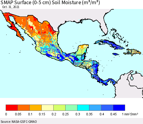 Mexico Central America and the Caribbean SMAP Surface (0-5 cm) Soil Moisture (m³/m³) Thematic Map For 10/26/2021 - 10/31/2021