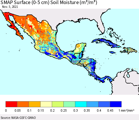 Mexico Central America and the Caribbean SMAP Surface (0-5 cm) Soil Moisture (m³/m³) Thematic Map For 11/1/2021 - 11/5/2021