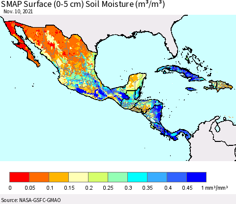 Mexico Central America and the Caribbean SMAP Surface (0-5 cm) Soil Moisture (m³/m³) Thematic Map For 11/6/2021 - 11/10/2021