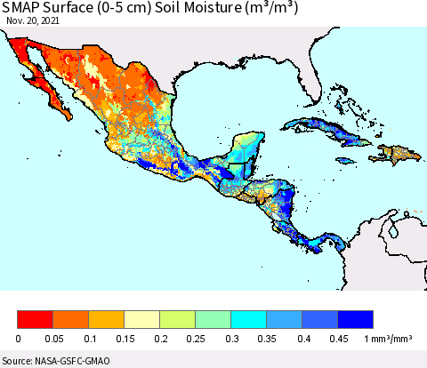 Mexico Central America and the Caribbean SMAP Surface (0-5 cm) Soil Moisture (m³/m³) Thematic Map For 11/16/2021 - 11/20/2021