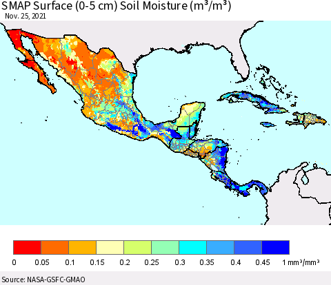 Mexico Central America and the Caribbean SMAP Surface (0-5 cm) Soil Moisture (m³/m³) Thematic Map For 11/21/2021 - 11/25/2021