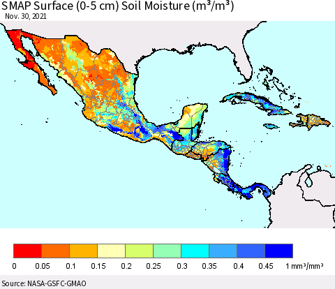 Mexico Central America and the Caribbean SMAP Surface (0-5 cm) Soil Moisture (m³/m³) Thematic Map For 11/26/2021 - 11/30/2021